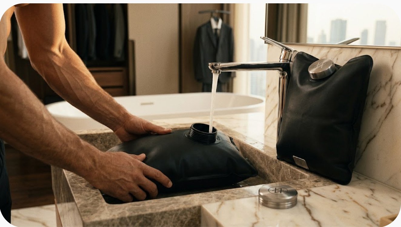 Filling a black water bag at a marble sink