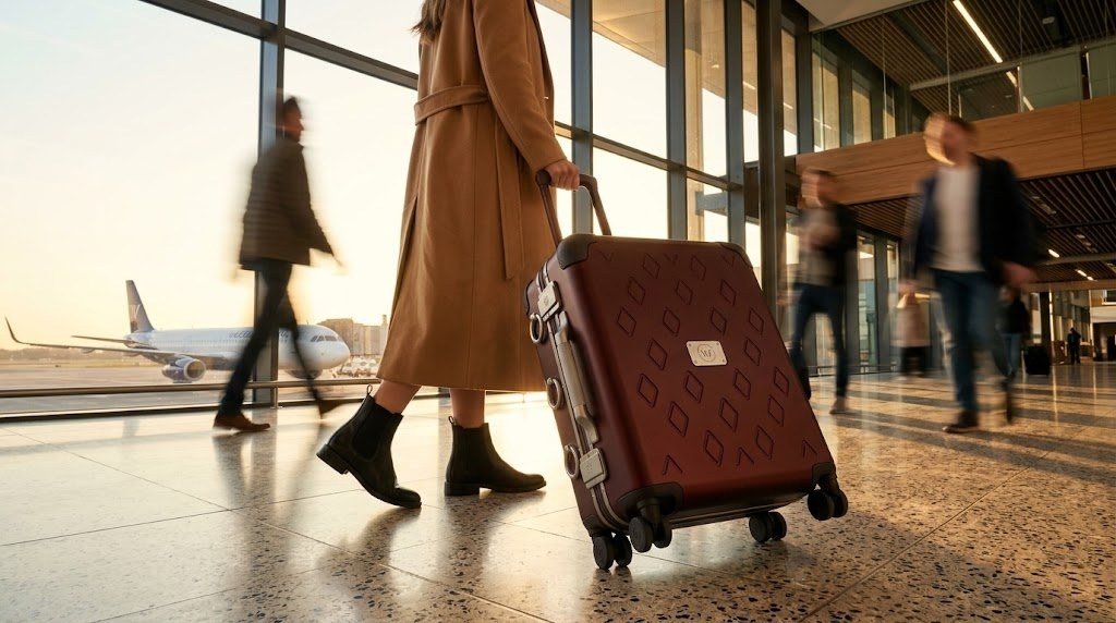 A woman in a camel coat rolls the Bordeaux case through an airport