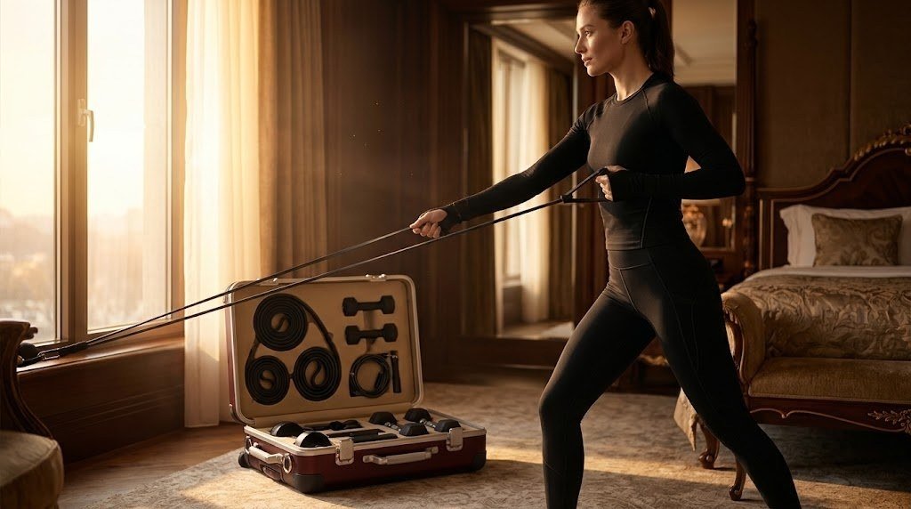 A woman trains with resistance bands next to the open Bordeaux case in a hotel suite at sunrise