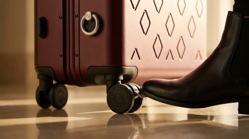 A boot locks the wheel of the Bordeaux case